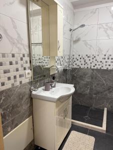 a bathroom with a sink and a shower at Bejart Apartment 7 in Tirana +18 photos