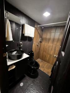 a bathroom with a toilet and a sink and a shower at Casa Fiore, Baños de Agua Santa in Baños