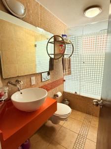 a bathroom with a sink and a toilet at Vertiz apartment-hot tub - wifi- HiveNB in Mexico City
