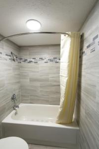 bagno con vasca e tenda doccia di Regency Inn & Suites a Nashville 1 altra foto