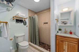 Un baño con inodoro, lavabo y ducha. en Cozy Beach Getaway with Bikes included!, en St Pete Beach