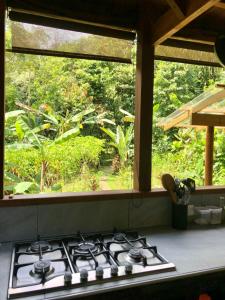 a kitchen counter with a stove top in front of a window at Casa Prana Nuquí in Nuquí +39 photos