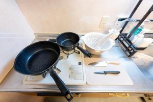 a stove top with two pans on top of it at Sakura Fan 2F in Tokyo +30 photos