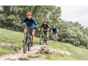 three people riding bikes down a dirt trail at Safari Tent in Markelo near Nature Park in Markelo