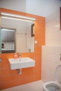 a bathroom with a sink and a toilet at Captain's Studios in Vasiliki