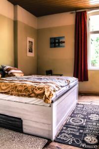 ein Schlafzimmer mit einem Bett in einem Zimmer in der Unterkunft FeWo Droyßig Villa Edelgard in Droyßig