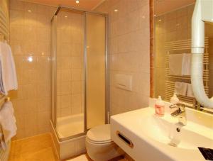 Un baño con ducha, inodoro y lavabo. en Hotel Hubertus, en Fügenberg 28 fotos más