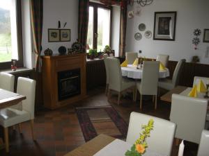 a dining room with a table and chairs and a fireplace at Jagdhaus Weber in Herscheid