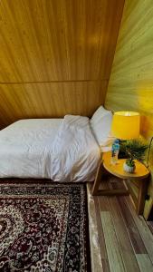 a bedroom with a bed and a table with a lamp at Fortyard Cottages Hunza in Karimabad Hunza