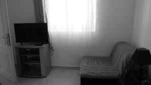 a living room with a chair and a television at Apartment and Rooms Novka in Kotor