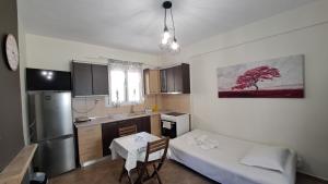 a small kitchen with a table and a refrigerator at Daniel Studios in Kallithea Halkidikis