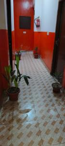 Un pasillo con plantas en macetas en una habitación con paredes rojas. en Hotel Crystal-52, en Chandīgarh