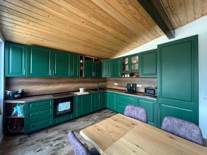 a kitchen with green cabinets and a wooden ceiling at A 3 villa in Nucşoara