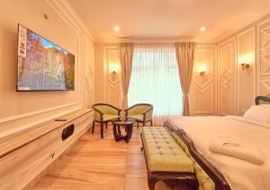 ウーティにあるKing Palace Ooty by VOYE HOMESのベッド、机、テレビのある寝室