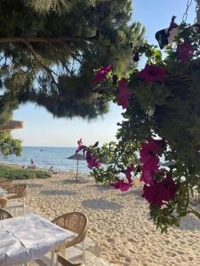 a table and chairs on a beach with flowers at La casa de verano in Skala Sotiros