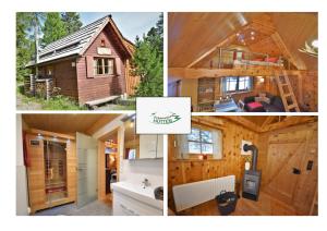 a collage of pictures of a cabin at Zirbenwald Chalet in Turracher Hohe