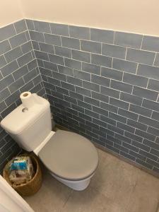 baño con aseo y pared de azulejos azules en Appartement St Cast centre ville 50 m de la plage, en Saint-Cast-le-Guildo
