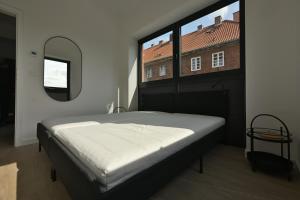 a bedroom with a large bed and a mirror at Dluga Grobla 6 Apartments Oldtown in Gdańsk
