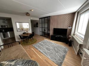 ein Wohnzimmer mit einer Couch und einem Tisch und einem Fernseher in der Unterkunft Great two bedrooms apartment with a sea view from the balcony close Helsinki center in Helsinki + 11 Fotos