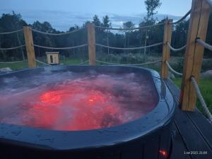 a hot tub with a red substance in it at Żurawia Kraina in Bitkowo