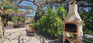 a garden with a bird house and a bench at Casa da Alvarinha. Privacidade, Conforto, Natureza in Paredes