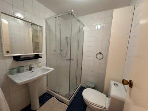 a bathroom with a shower and a sink and a toilet at Habitación privada céntrica in San Juan de Alicante