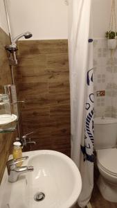 a bathroom with a white sink and a toilet at Galini in Mytikas +44 photos