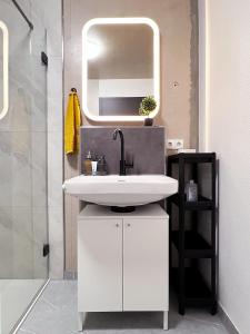 a bathroom with a sink and a mirror at bonquartier - Design Apartment mit Balkon, Arbeitsplatz und Parkplatz in Wachtberg