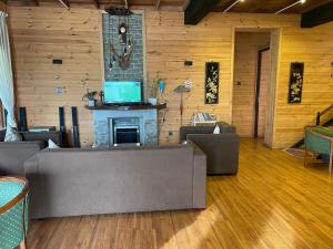 a living room with couches and a fireplace with a laptop at Omaya Hills in Nuwara Eliya
