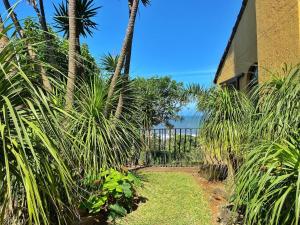 a garden with palm trees next to a house at Casa Miramare - Marina Beach in Southbroom