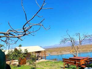 a picnic table and a bench next to a lake at Glamping Kulmi in Shkodër
