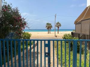 a blue fence next to a beach with palm trees at Leme Bedje - By Bobbywashere in Santa Maria