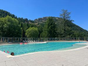 a large swimming pool with a mountain in the background at Appartement familial pour 5 personnes, grande terrasse sud, vue panoramique, soleil, calme havre de paix et de détente in Isola