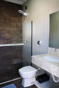 a bathroom with a toilet and a sink and a shower at Casinha da Canastra in Delfinópolis