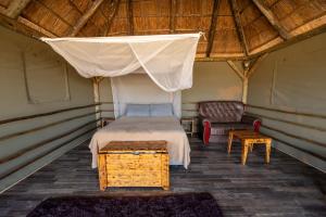 1 dormitorio con 1 cama y 1 silla en una tienda de campaña en Chobe Hideaway, en Kasinka