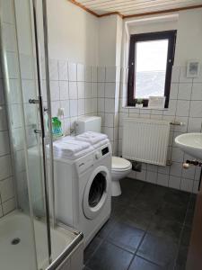 a bathroom with a washing machine and a toilet at Apartment Plini in Montabaur