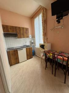 una cucina con un lavello, un tavolo e delle sedie di Studio confort à Néris-les-Bains - 18 m² avec jardin a Néris-les-Bains
