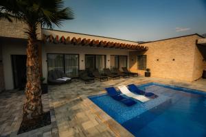 a pool with chairs and a palm tree next to a house at Villa River in Mostar