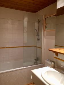a bathroom with a shower and a tub and a sink at Valmorel Appartement au pied des pistes in Valmorel