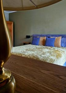 a bedroom with a bed with blue and brown pillows at Promenādes apartamenti in Talsi