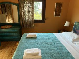 a bedroom with a large bed with towels on it at Monica's Tropical Villa in Iraklitsa +51 photos