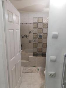 baño con ducha, aseo y puerta en Children room Hunedoara, en Hunedoara