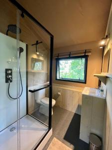 a small bathroom with a shower and a toilet at Veluwse boerderij beleving - Hoeve Meijer in Harskamp +32 photos