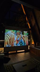 een televisie met een foto van een tijger erop bij Saklı Vadi Suit Villa in Ardeşen