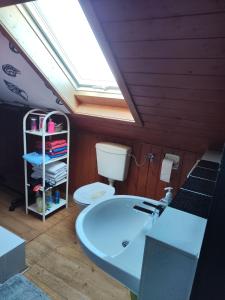 a bathroom with a sink and a toilet and a skylight at FeWo Aisch in Bad Windsheim