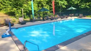 a large blue swimming pool with chairs and umbrellas at Smoky Mtn A-Frame Retreat, Swim Spa & Game Room in Sevierville
