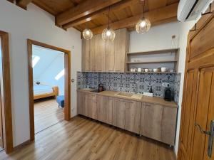 a kitchen with wooden cabinets and a room with a bed at Na Vile in Ivaň