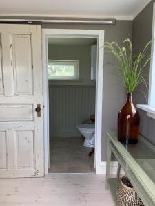 ヴァールベリにあるStation Bed and Kitchen Guesthouseのバスルーム(トイレ付)、テーブルの上に花瓶