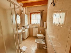 a bathroom with a toilet and a sink and a shower at Alloggio Stella Alpina in Sondalo +11 photos