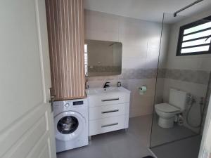 a bathroom with a washing machine and a sink at La case des oiseaux in La Possession